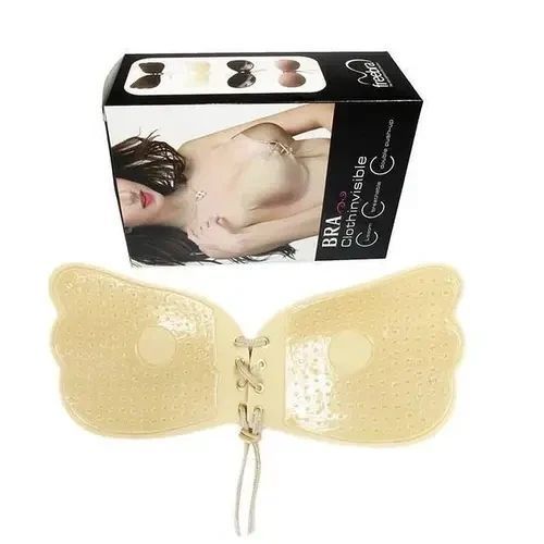 Невидимий силіконовий бюстгальтер для декольте Fly Bra Beige без бретель на шнурівці Бежевий / Чорний TV60 фото