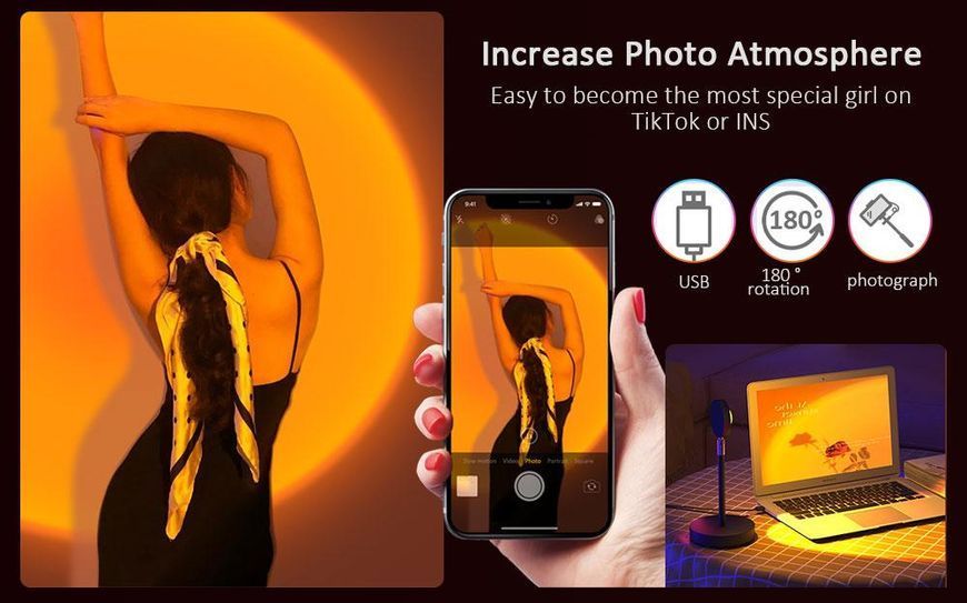 Проєкційна різнобарвна RGB LED-лампа Sunset Lamp з ефектом заходу з пультом, світильник заходу/розсвітла, 1 VEN212 фото