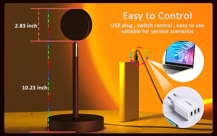 Проєкційна різнобарвна RGB LED-лампа Sunset Lamp з ефектом заходу з пультом, світильник заходу/розсвітла, 1 VEN212 фото