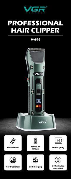 Акумуляторна машинка для стрижки VGR V-696 з насадками та LCD дисплеєм/USB зарядка VGR696 фото