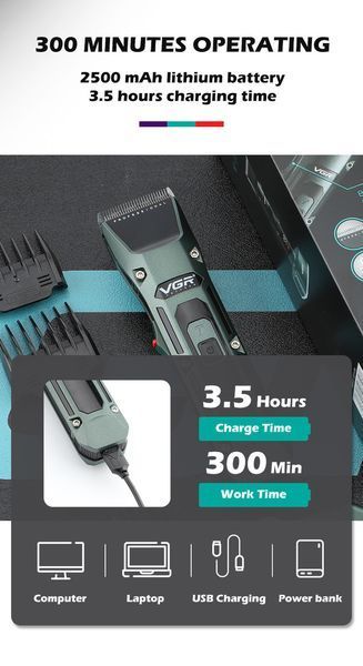 Акумуляторна машинка для стрижки VGR V-696 з насадками та LCD дисплеєм/USB зарядка VGR696 фото