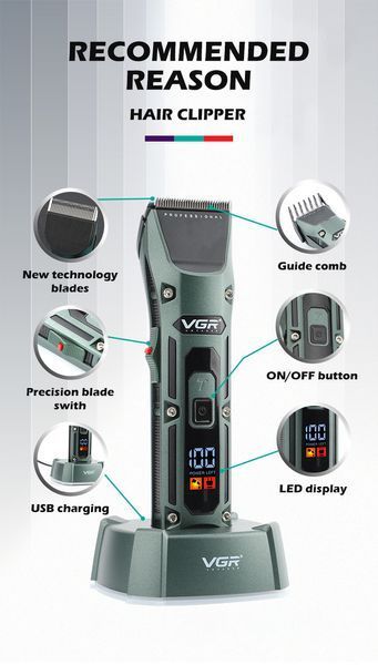 Акумуляторна машинка для стрижки VGR V-696 з насадками та LCD дисплеєм/USB зарядка VGR696 фото