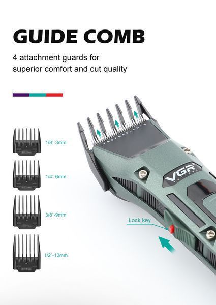 Акумуляторна машинка для стрижки VGR V-696 з насадками та LCD дисплеєм/USB зарядка VGR696 фото