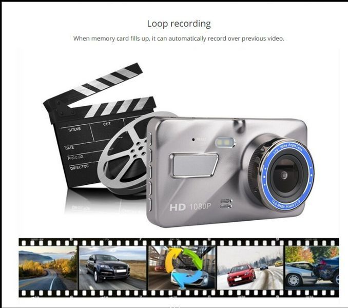 Відеореєстратор автомобільний, Full HD 1080P, 4 дюйми, IPS, переднє та заднє синє дзеркало TVCAMERA4 фото