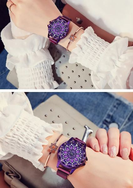 Женские часы Flower Diamond с вращающимся циферблатом фиолетовые и каучуковым ремнем на магнитной застежке W8 фото