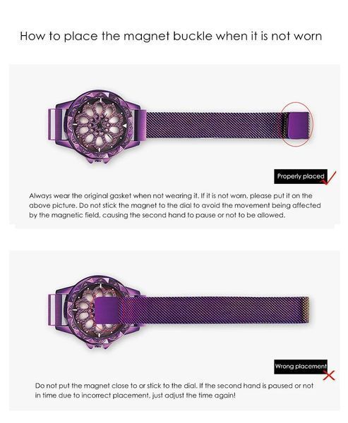 Женские часы Flower Diamond с вращающимся циферблатом фиолетовые и каучуковым ремнем на магнитной застежке W8 фото