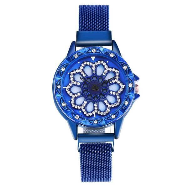 Женские часы Flower Diamond с вращающимся циферблатом синий и каучуковым ремнем на магнитной застежке W8S фото