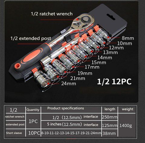 Набір головок із тріскачкою 1/2" 12 предметів tianfeng Tools LP20 фото