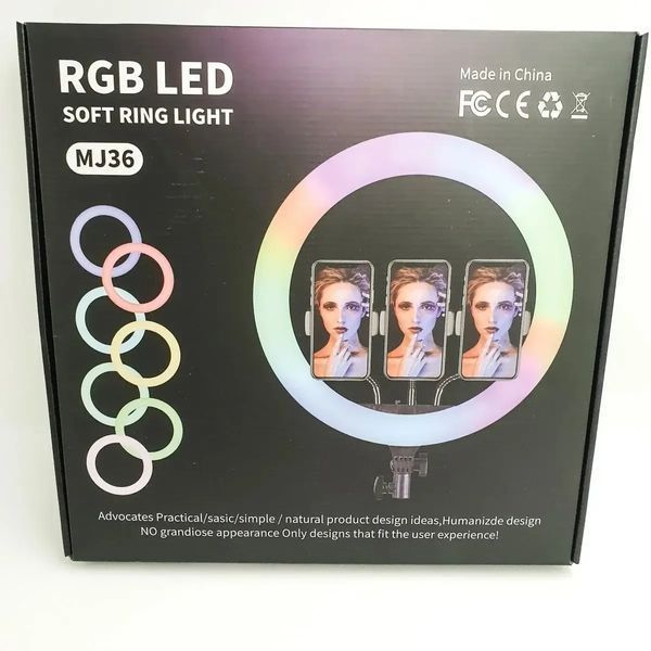 Светодиодная кольцевая лампа для селфи 36 см / Светодиодная лампа RGB с пультом RGB36 фото