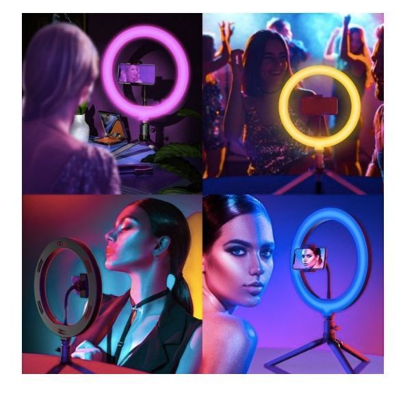 Светодиодная кольцевая лампа для селфи 36 см / Светодиодная лампа RGB с пультом RGB36 фото