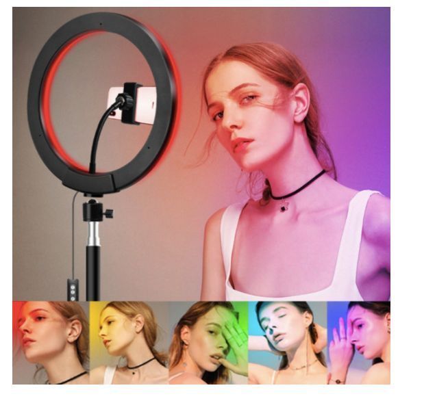 Светодиодная кольцевая лампа для селфи 36 см / Светодиодная лампа RGB с пультом RGB36 фото